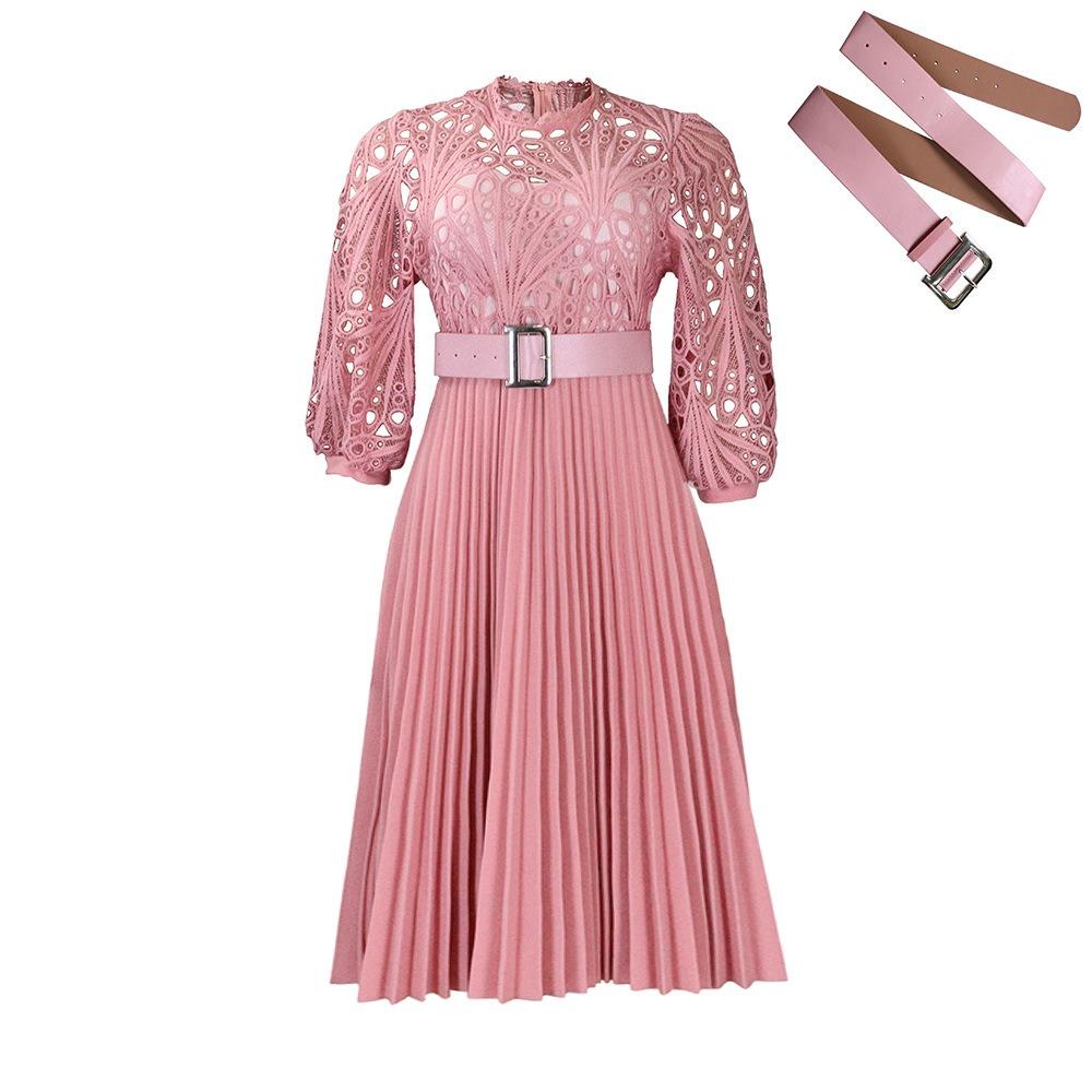 Women's Mock Neck Three Quarter Sleeve Midi Dress Loose Fit High Waist Elegant Hollow Lace Pleated A Line Dress Party Formal Dress