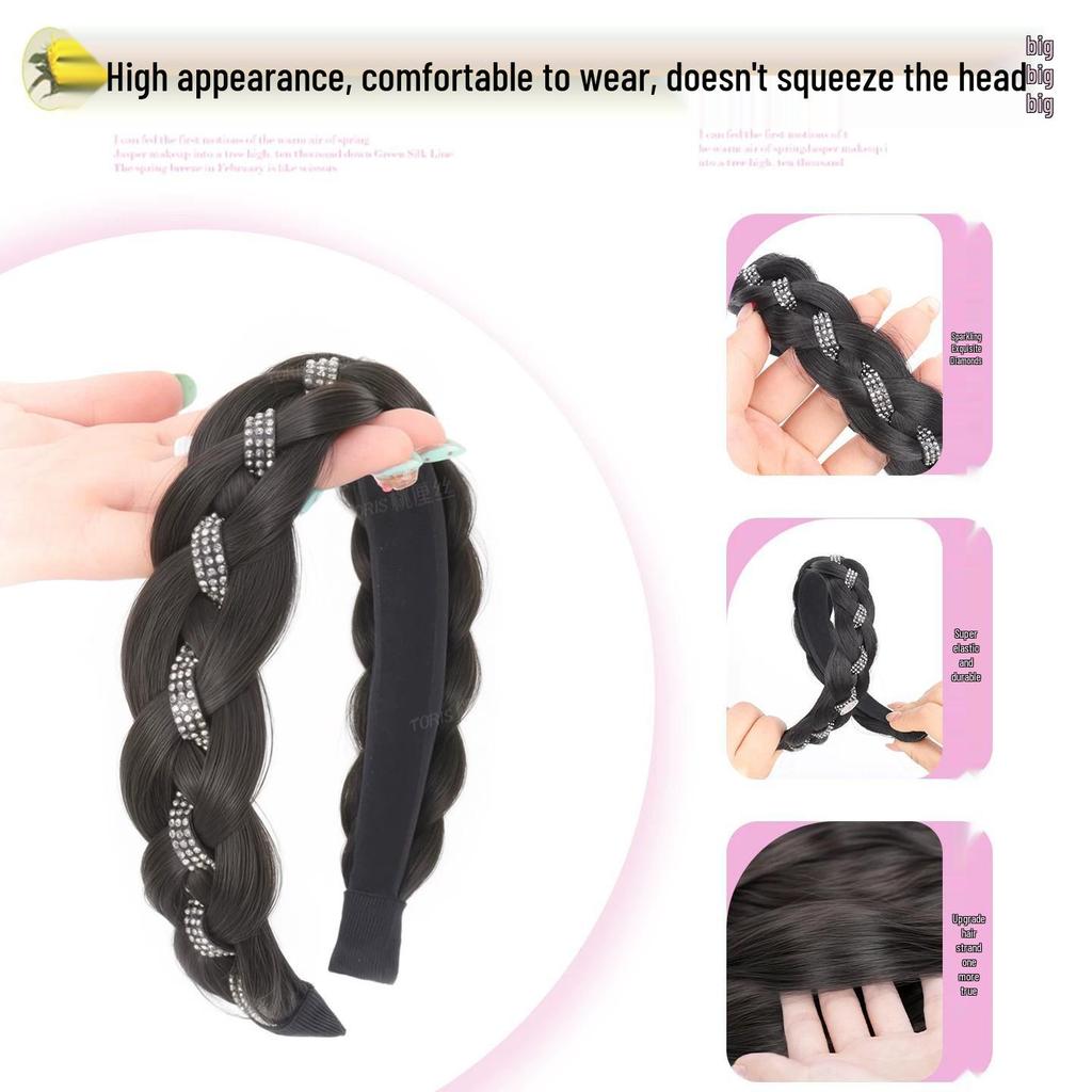 Rhinestone Fishtail Braid Headband Wig for Women's Realistic Hair Volume Increase