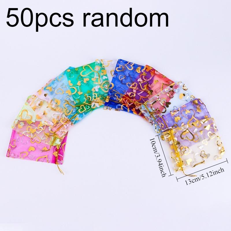 

50pcs Polyester Organza Gift Bags, Love Heart Design, for Jewelry and Bead Packaging, with Drawstring Closure 10x13cm