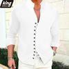 Men's Linen Blend Mandarin Collar Shirt - Asymmetric Button Placket Long Sleeve Casual Lightweight Summer Beach & Daily Top