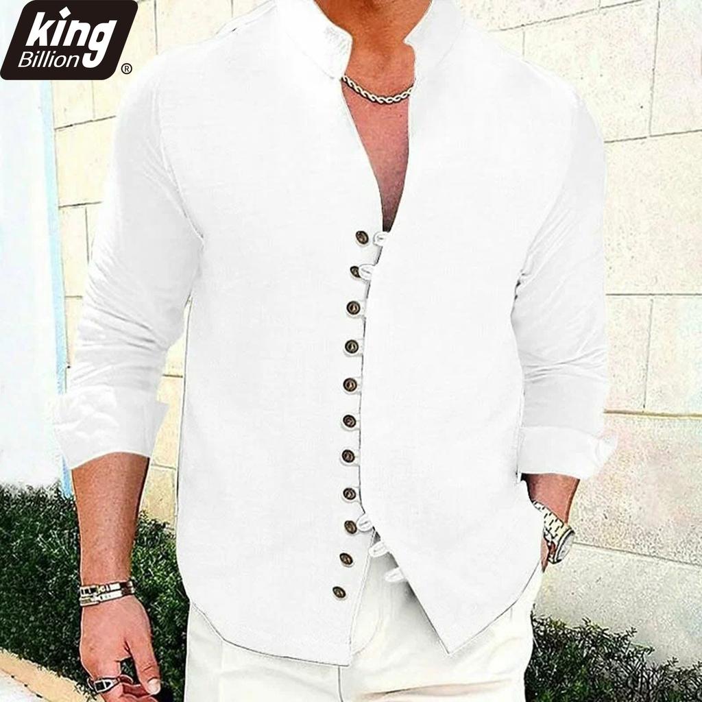 Men's Linen Blend Mandarin Collar Shirt - Asymmetric Button Placket Long Sleeve Casual Lightweight Summer Beach & Daily Top