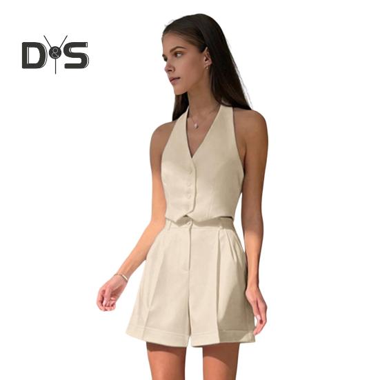 2 Pcs/Set Women Vest Shorts Suit Sleeveless Single-breasted Off Shoulder Halter Neck Button Solid Color Waistcoat High Waist Straight Knee Length