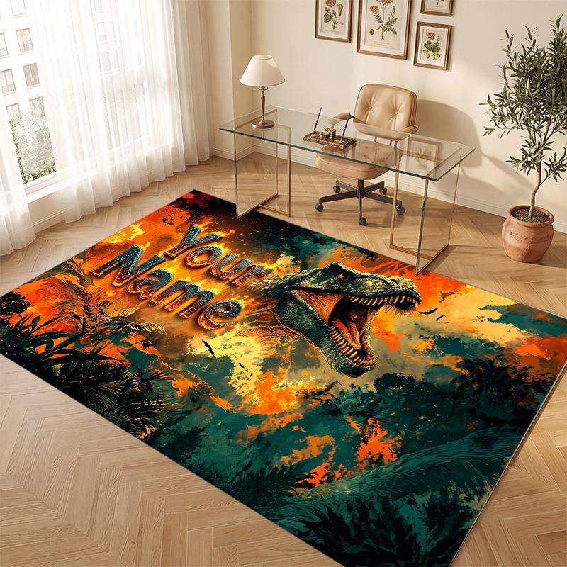 Dinosaur Theme Soft Crystal Velvet Rug Custom Name & Text Print Non Slip Floor Rug for Bedroom Living Room
