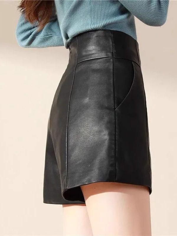 High Waist PU Leather A-Line Shorts for Women - 2023 Autumn/Winter Fashion, Korean Style, Slimming Wide Leg Booty Shorts