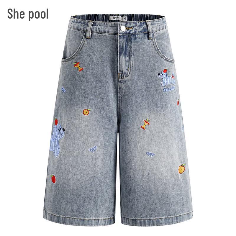 Women s Cartoon Embroidered Wide-Leg Cropped Jeans M
