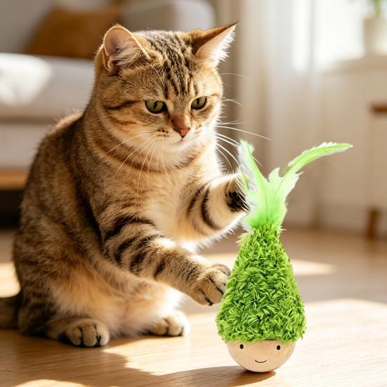 Wobbling Cat Toy Wooden Base Cat Teaser with Feathers Interactive Wobble Cat Kicker Toy for Cat Patting Solo Entertainment