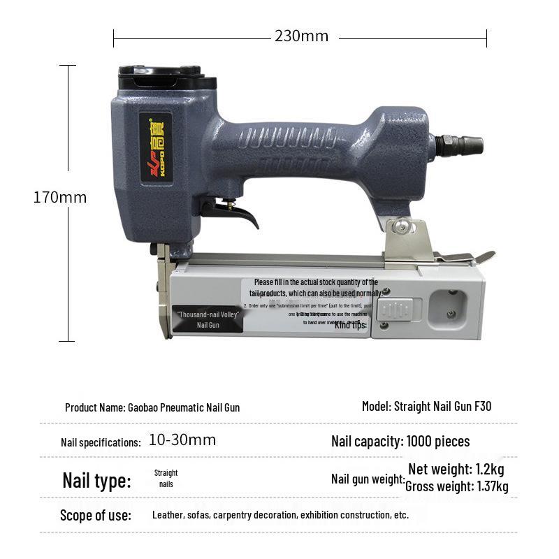 Gaobao Pneumatic Nail Gun F30 for Woodworking and Decoration with Continuous Firing Capability.