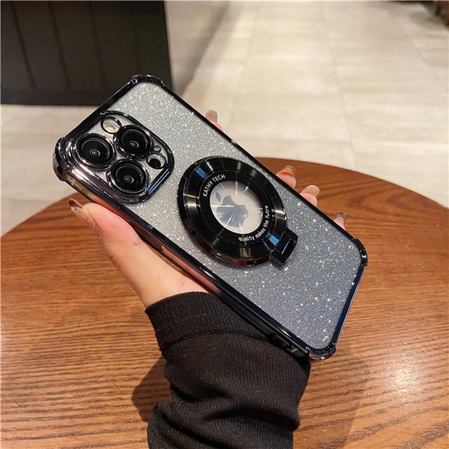 For iPhone 15 Pro Max Luxury Plating Magsafe Magnetic Stand Flash Phone Case For iPhone 11 12 13 14 16Plus Lens Protective Cover