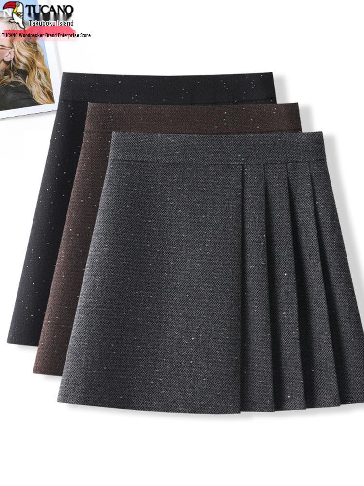 Autumn 2025 Women's High Waist Woolen Midi A-line Bodycon Pleated Skirt