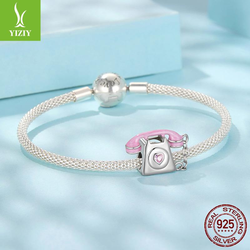 Pink Vintage Phone Diy Beaded Accessories Sweet Girly Heart Landline S925 Sterling Silver Beaded