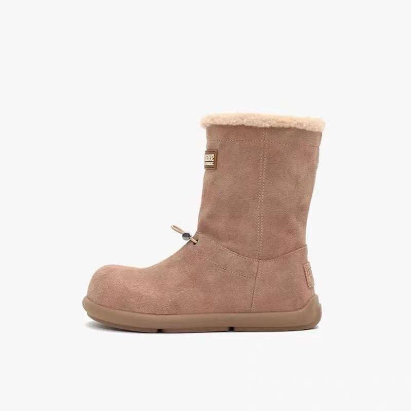 Modische Wildleder Schneestiefel Damenschuhe Winter Mittelhohe Stiefel Outdoor Mit Samt Gefütterte Damen Rutschfeste Baumwollschuhe Warme Flache Damenstiefel