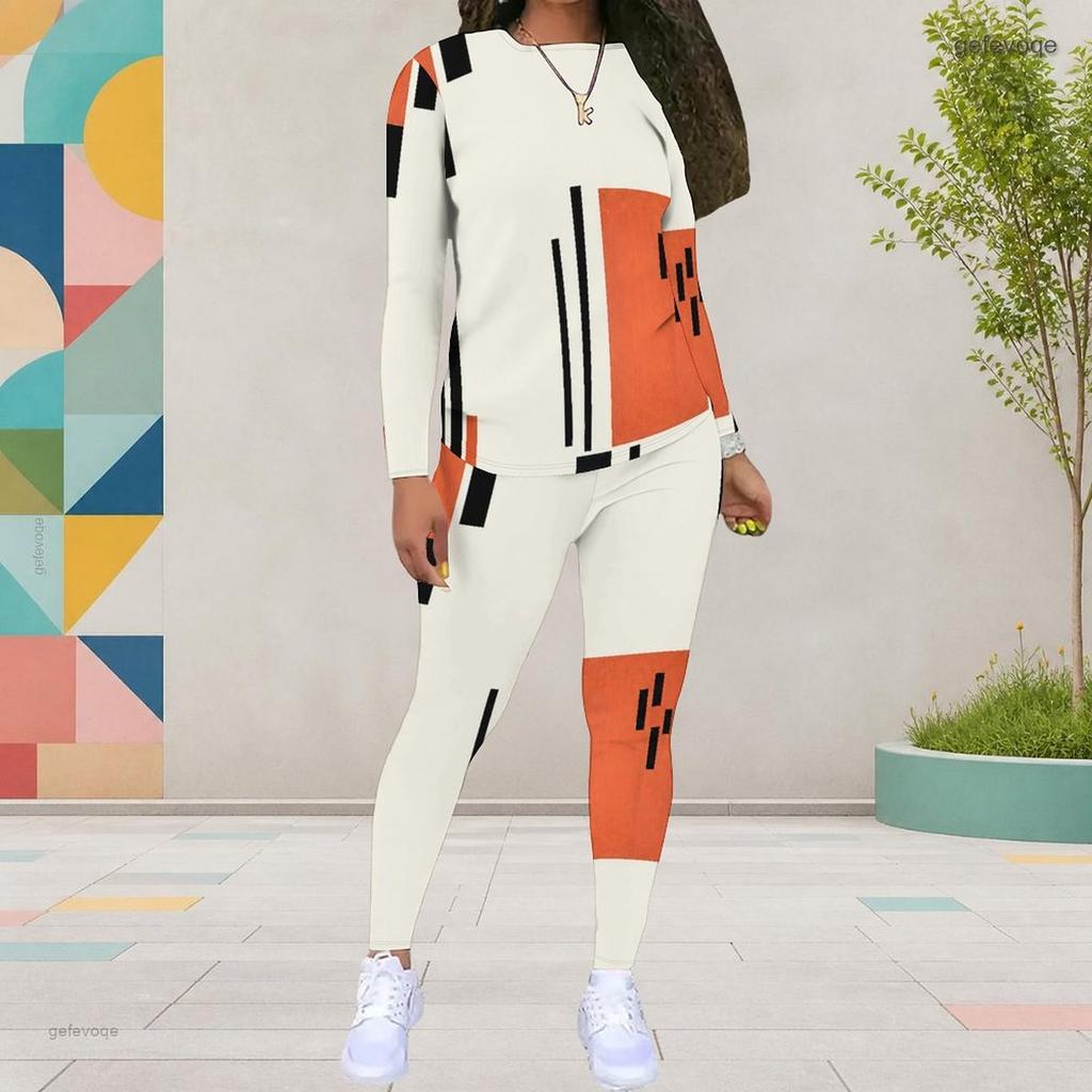 Women Plus Size Round Neck Long Sleeve Printed White Orange Two Piece Fitted Pants Set