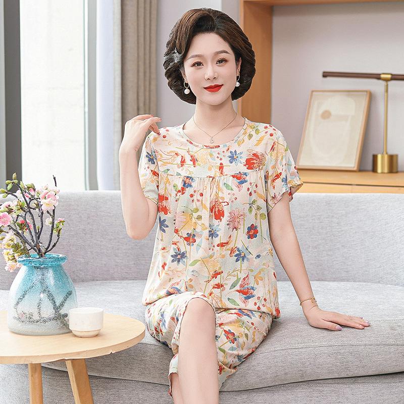 Pijamas de seda y algodón de verano para mujer: Conjunto holgado de dos piezas de manga corta para personas de mediana edad y mayores, talla grande, ideal para exteriores.
