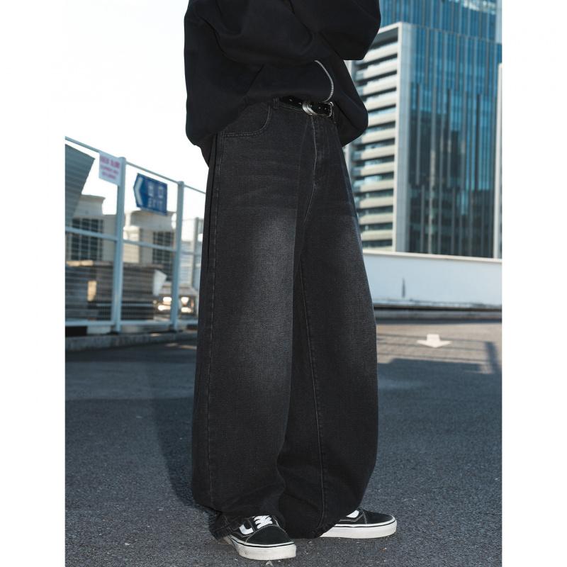 Washed distressed straight loose-fit men's jeans, new four-season vintage silhouette, trendy casual long pants