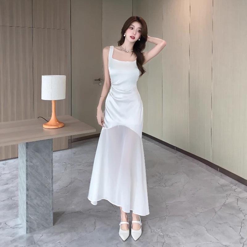 Women's White Satin Fishtail Summer Dress with Collar