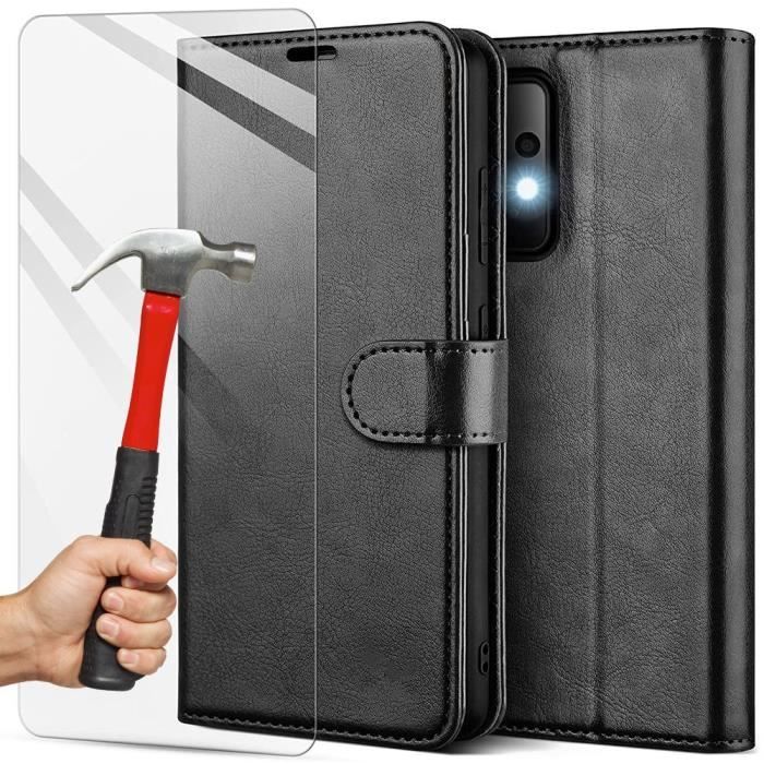 Coque de protection - BOOLING - pour Samsung Galaxy F52 5G - Effet cuir noir - Pack 2 verres trempés - magnétique