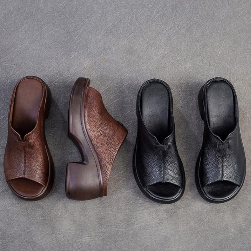 Johnature Pantoufles à bout ouvert et semelle épaisse en cuir véritable, sandales rétro, chaussures confortables et décontractées pour femmes