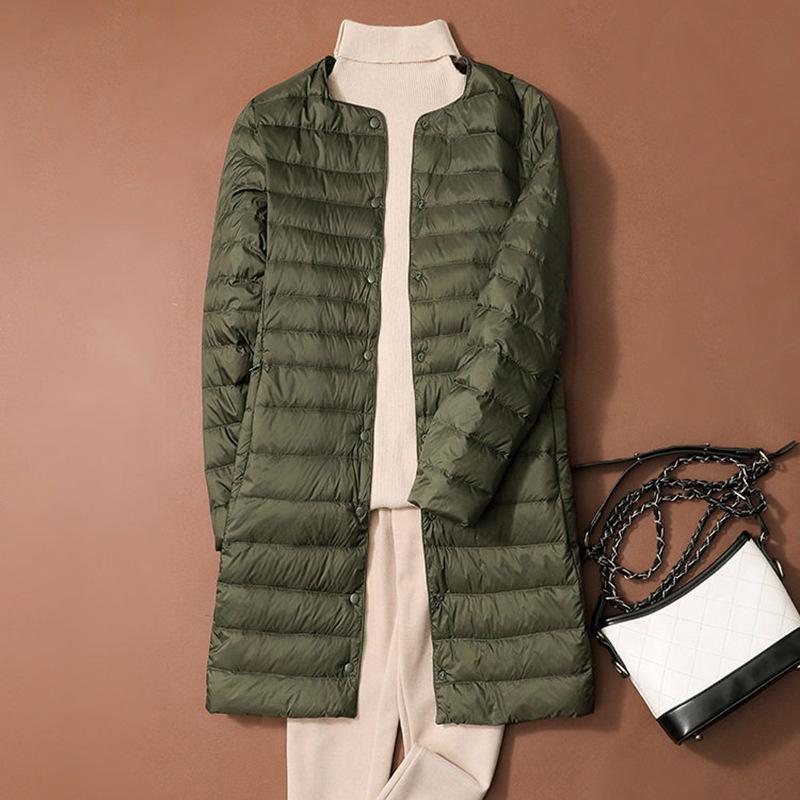 Large size light and thin down jacket women's medium and long autumn and winter warm round neck hidden button thin casual liner jacket tide