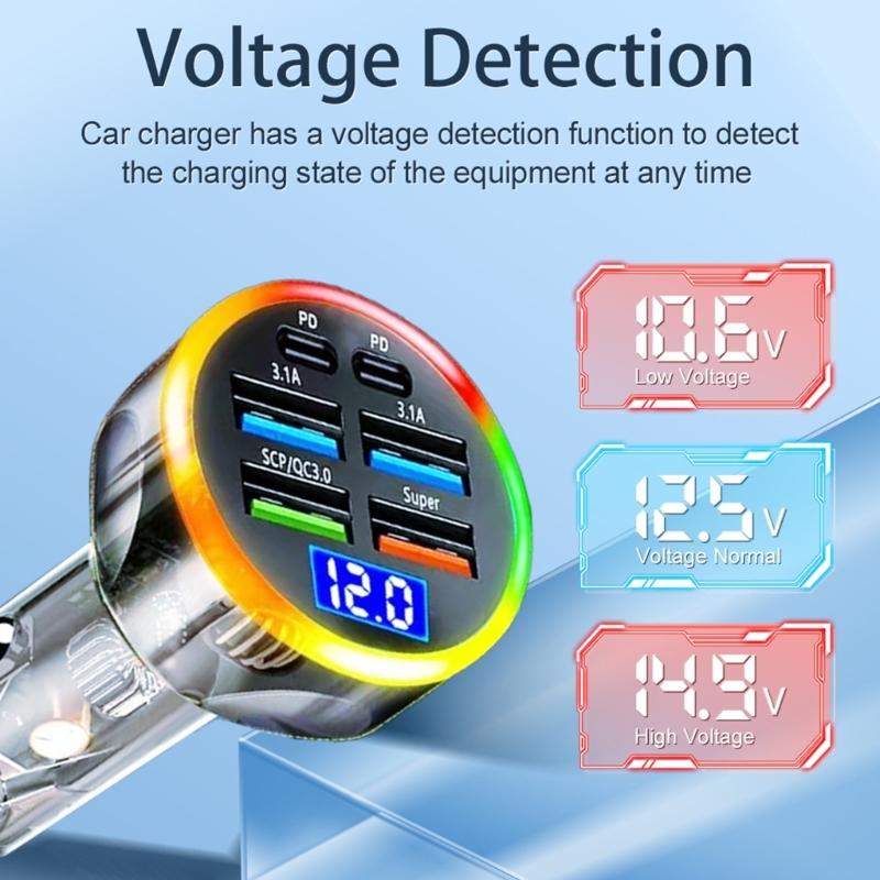 6 Port Car Chargers Digital Voltages Monitor Colorful LED Lighting For Quick Charging Multiple Devices 200W Charging Ada