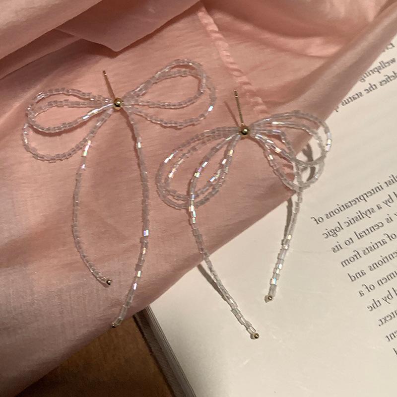 Super Fairy Transparent Crystal Bow Fringed Stud Earrings Female Niche Personality Simple Versatile Temperament Fashion Earrings