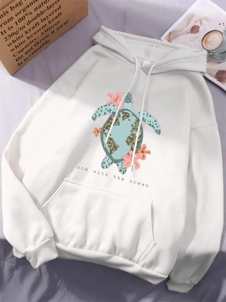 2025 Sea Turtle Cartoons Printing Hoodie Womens Comfortable Loose Sweatshirts Winter Fleece Warm Tops Basics Casual Womans