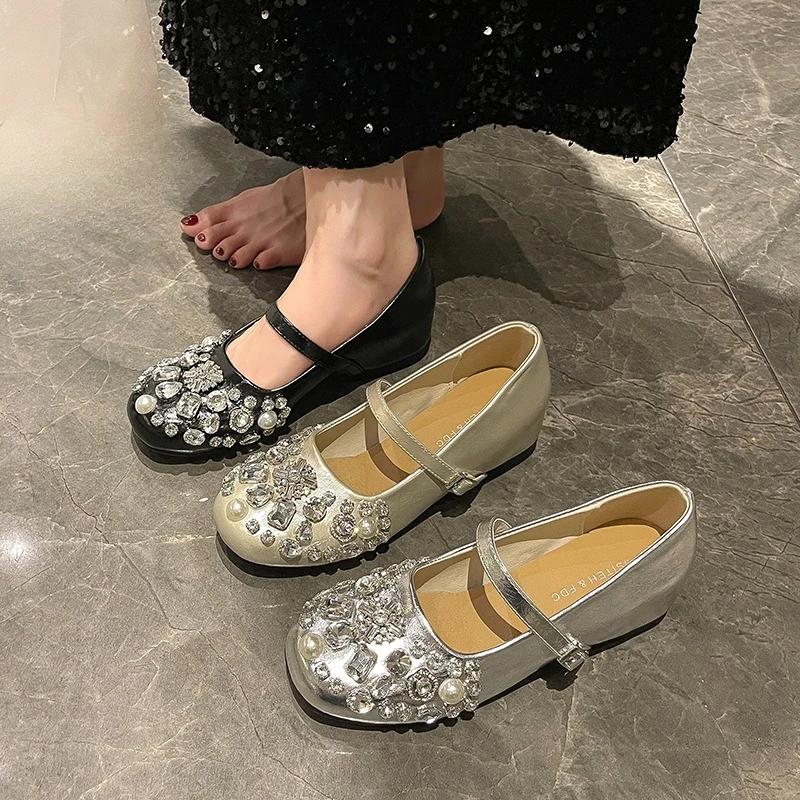Fashion Silver Single Shoes Women 2025 New Summer Bean Shoes Shallow Flat Mary Jane Shoes