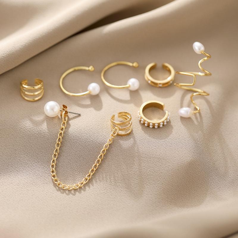 Women Fashion Earrings Set Creative Simple Pearl Tassel Ear Cuffs Earrings Jewelry Gifts For Girls