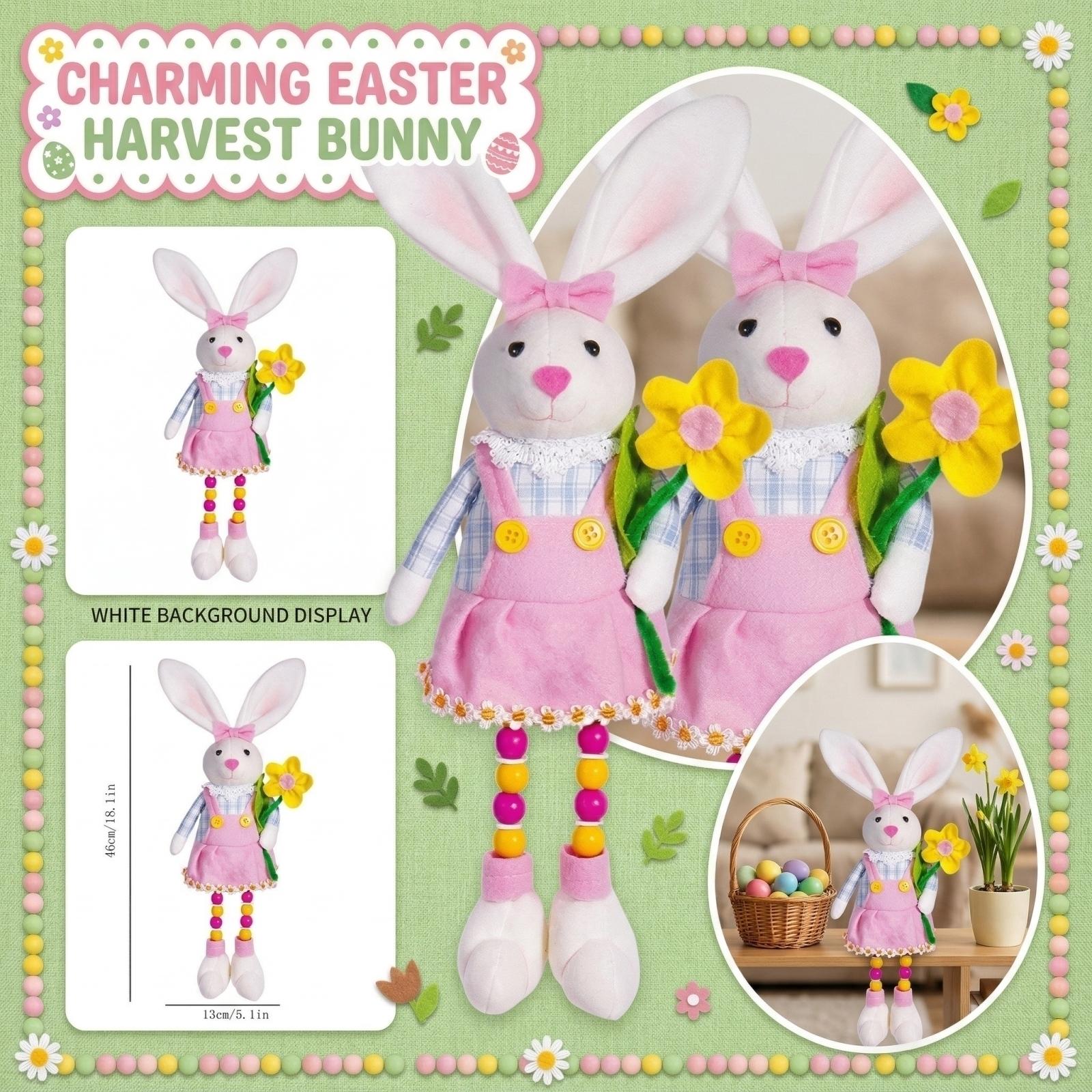 

Easter Bunny Plush Doll Sitting Pose with Beaded Legs Holding Flower Soft Fabric Holiday Decoration Figurine One Size