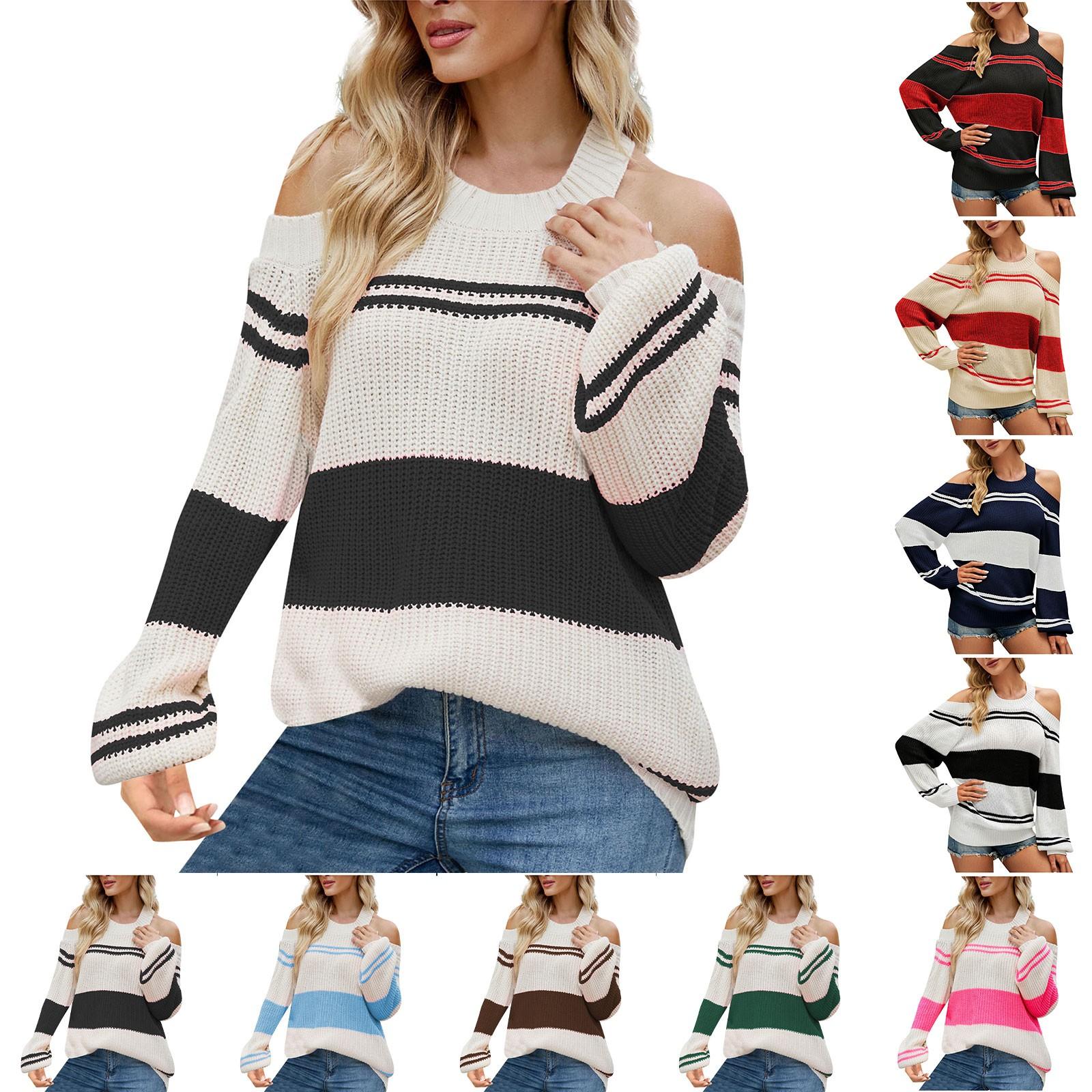 

Женский осенне-зимний пуловер, свободный свитер большого размера, сексуальный полосатый свитер с открытыми плечами и спиной