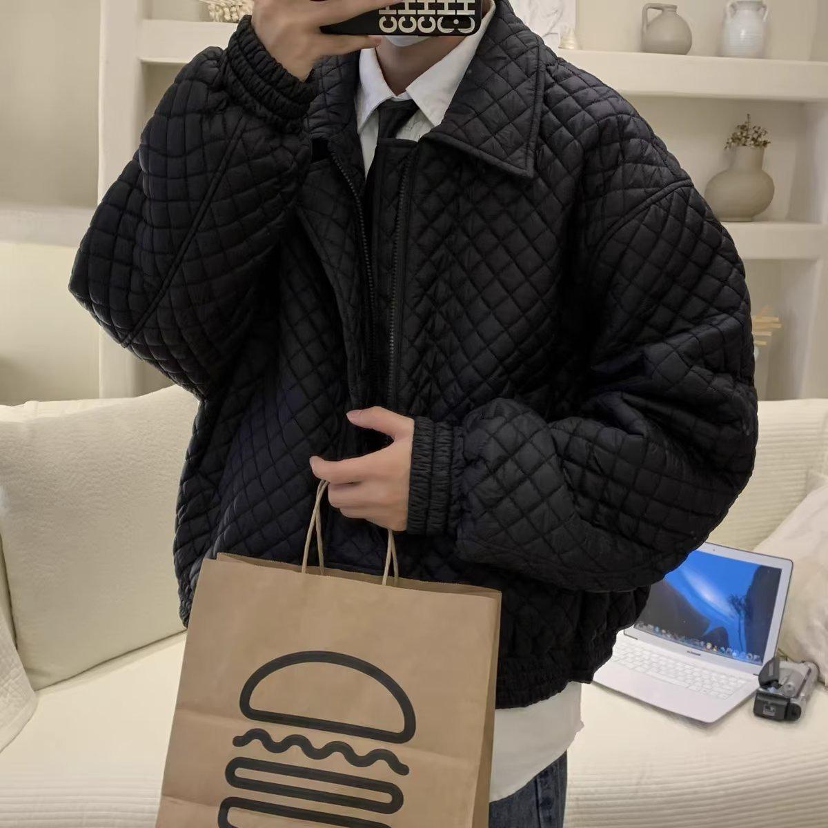 

Men s Retro Korean Diamond Pattern Loose Cotton Jacket - Autumn/Winter Large білий