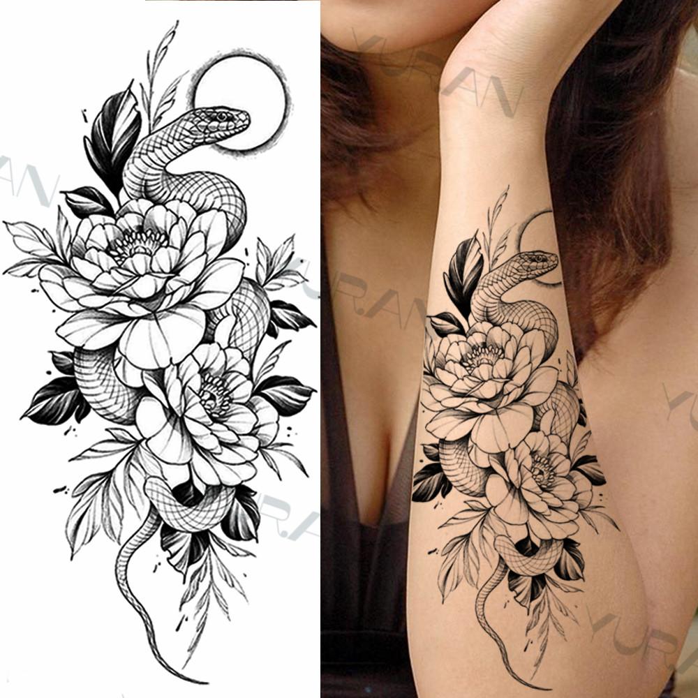 Zwarte Grote Slang Bloem Fake Tattoo Sticker Voor Vrouwen Dot Rose Pioen Tijdelijke Tattoos DIY Water Transfer Tatoos Meisjes