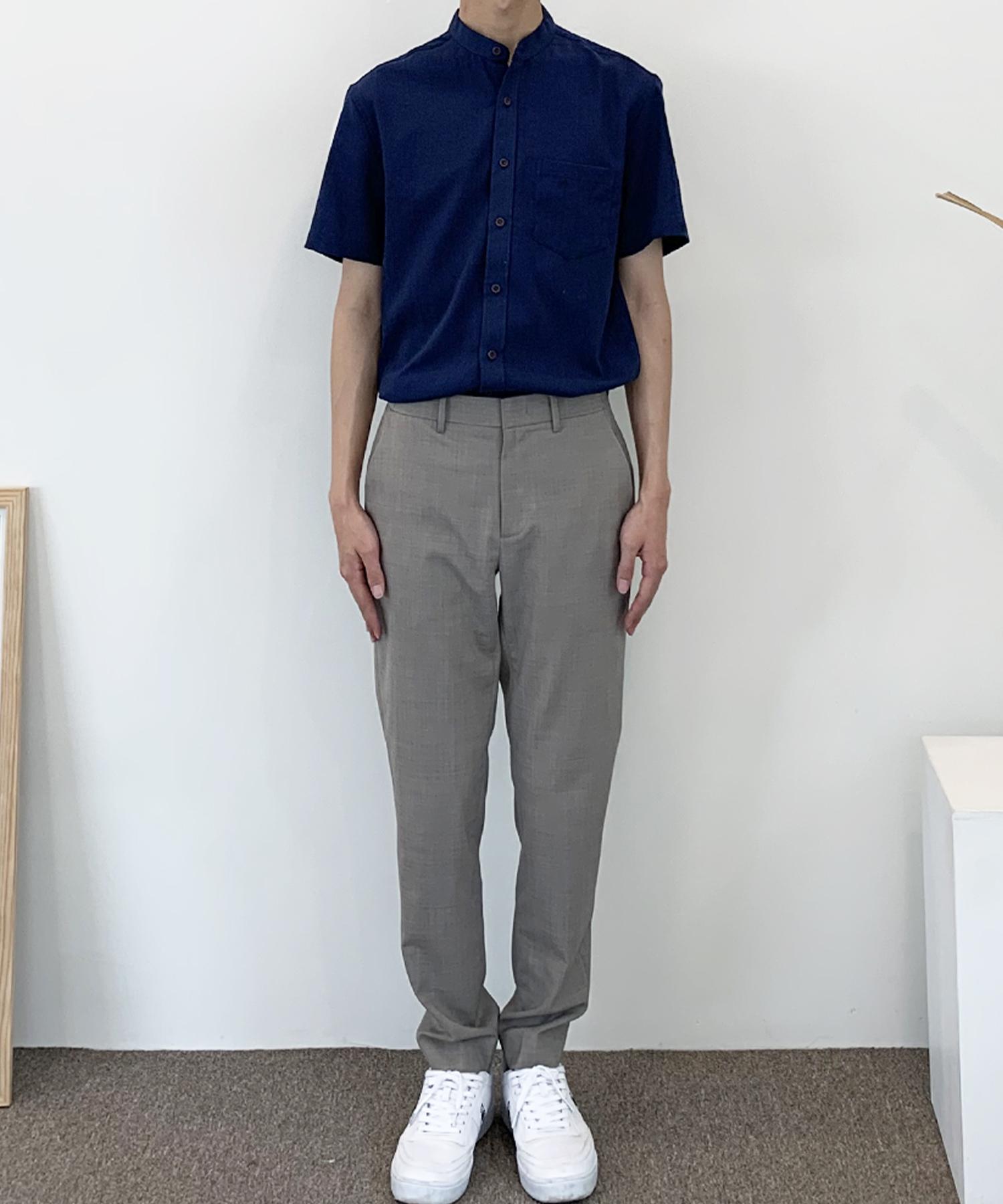 The Shirt Studio Navy Loose Fit Linen Blend Mandarin Collar Short Sleeve Shirt 105