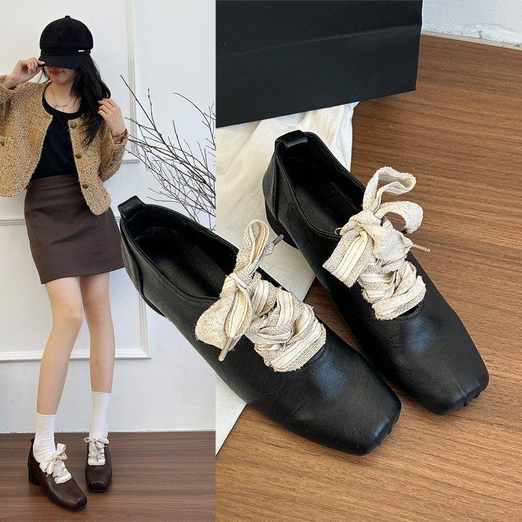 Cowhide Version! Retro Literary Square Head Small Leather Shoes Design Sense Thick Heel Front Lace-up Outer Wear Temperament Thick Sole Single Sho
