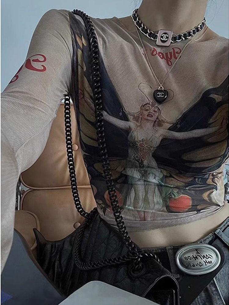 Korean Simple Lace Up Print T-shirts Spring New Slim Fit Mesh Tops Women Y2k E-Girl Long Sleeve Bottoming Tee Shirt