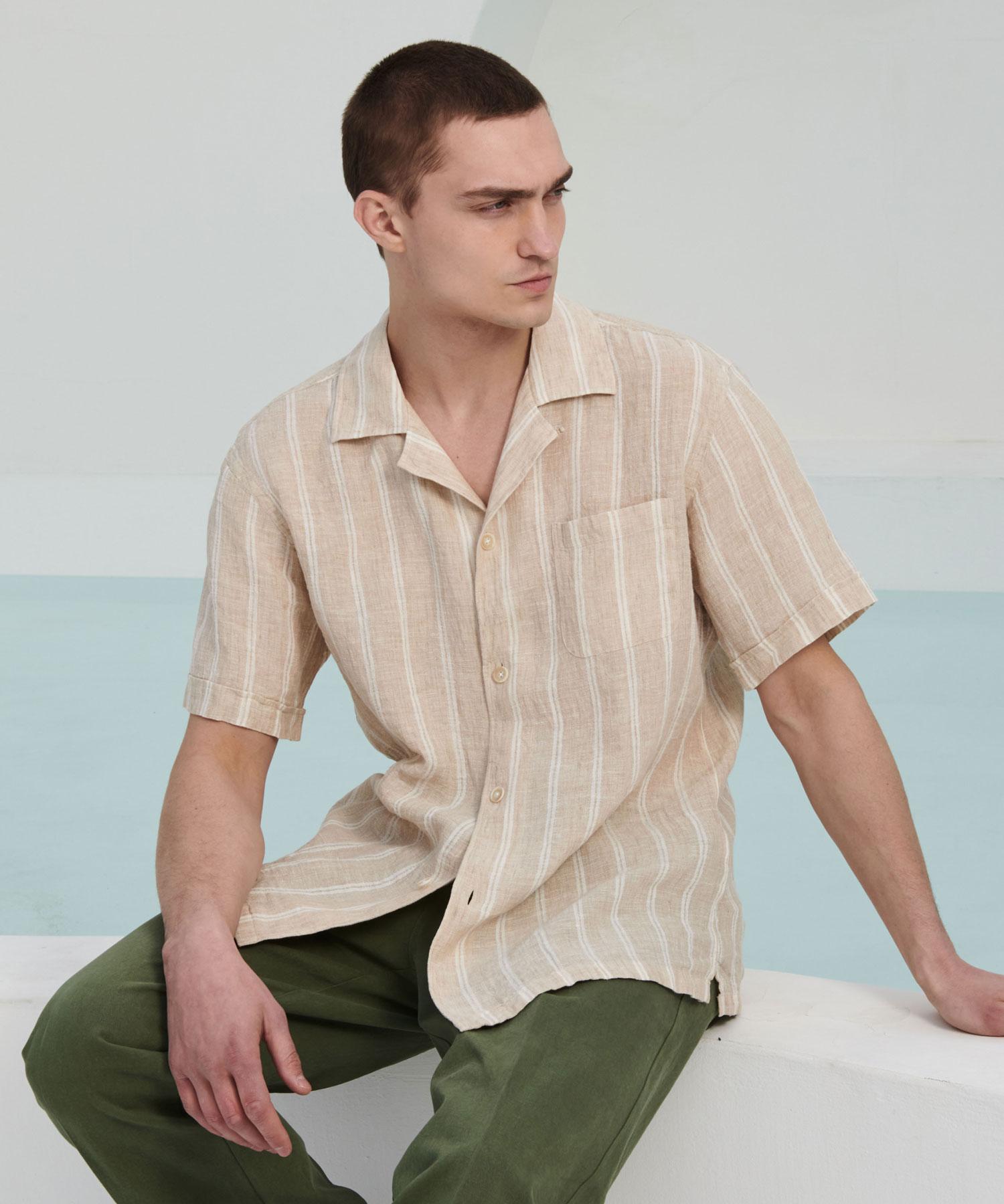 Prod Shirt [Comfort] Vintage Linen Striped Camp Shirt (Sand) Sand/M(48)
