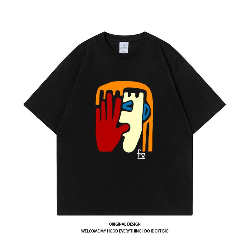 Full Cotton Trend Advanced Sense Ins Style Illustration Printed Short Sleeve Loose Casual Couple With Everything