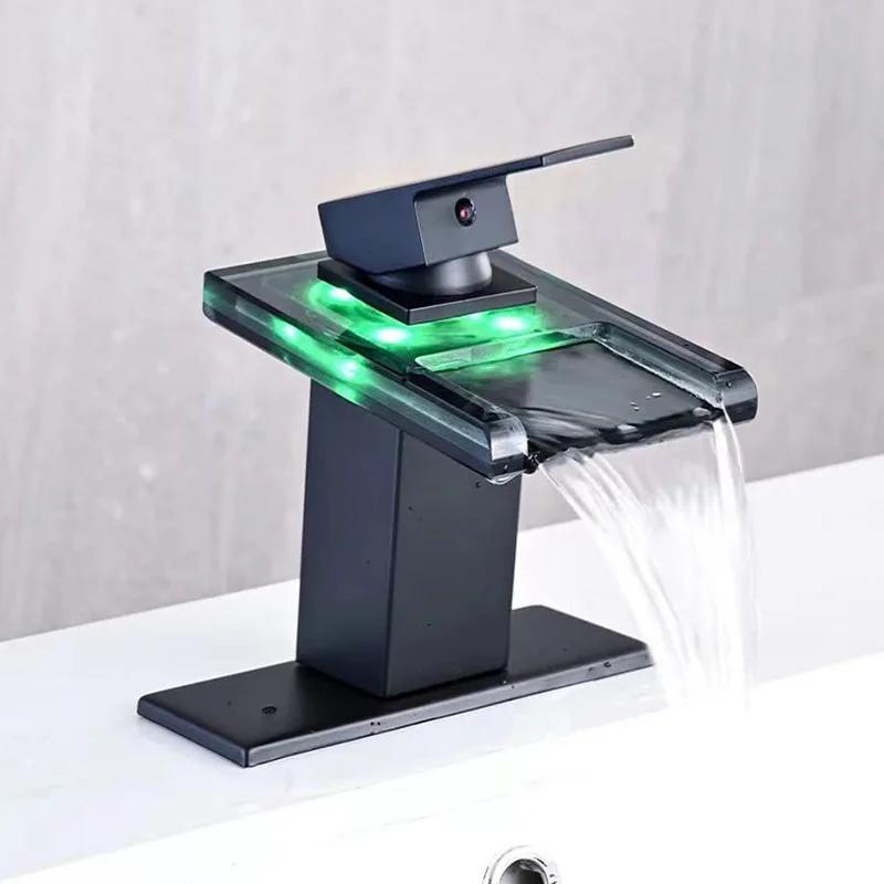 Basin Faucet Waterfall LED 3 Colors Glass Outlet Bathroom Battery Powered Basin Mixer Tap Chrome Deck Mounted Hot Cold Tap