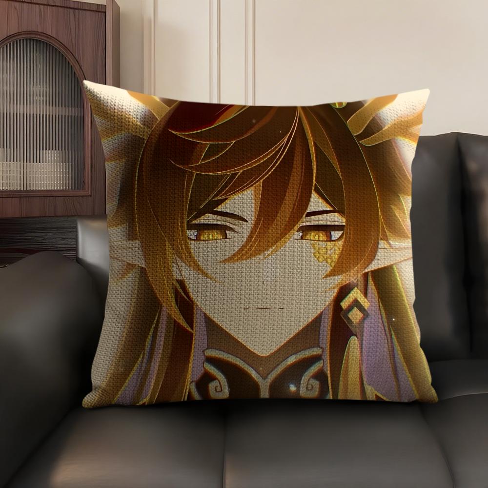 Zhongli Genshin Impact Cute Cushion Cover Natural Linen Organic Fabric DoubleSided Printing Sofa Home Decor Gift Pillow Case