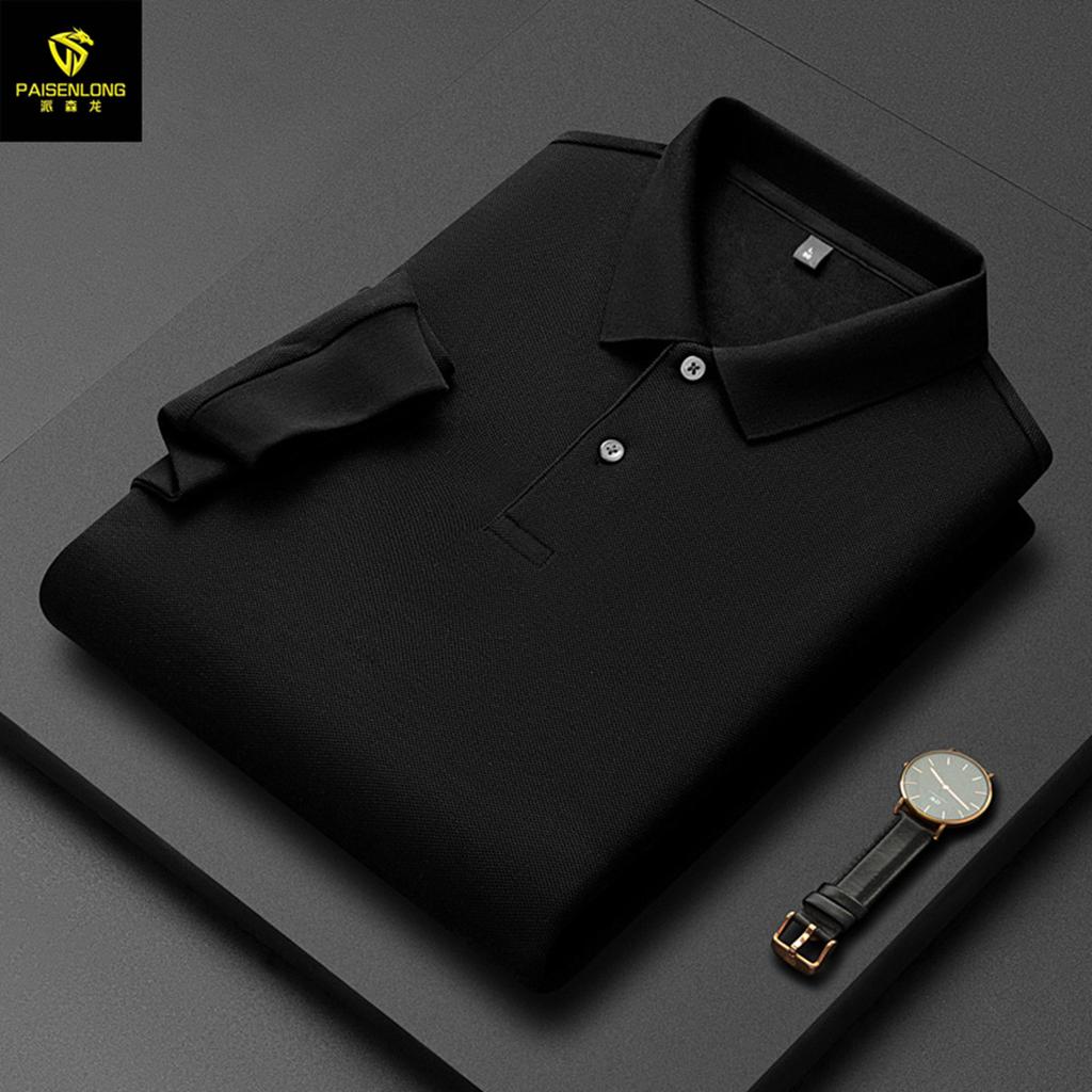 Autumn And Winter Lapel Slit Men'S Polo Shirt 100% Pure Cotton Hexagonal Beads Double-Sided Men'S Polo Shirt Long Sleeve