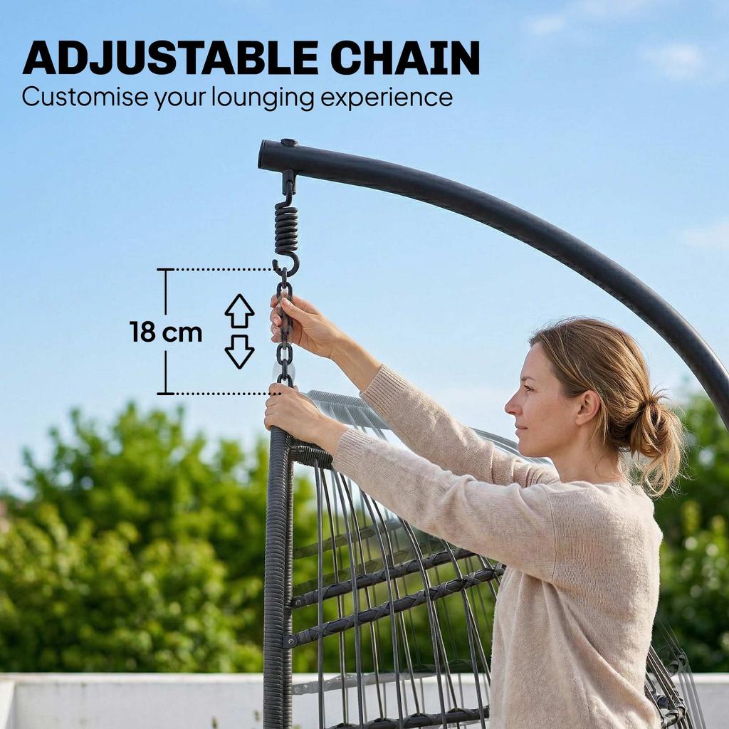 Hanging Egg Chair, Indoor Outdoor Hammock Swing Chair with Stand, Safety Strap, Foldable Basket, Dark/Light Grey