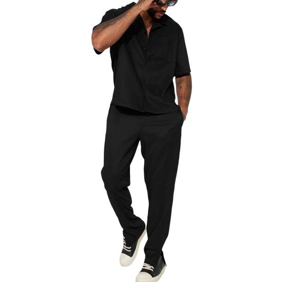 2Pcs/Set Men Outfit Lapel Short Sleeve Single Breasted Shirt Elastic Waist Long Pants Set Solid Color Loose Fit Casual Outfit