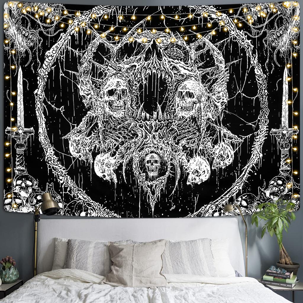 Halloween Dark-Themed Tapestry Black-and-White Skull Festival Party Decor Wall Hanging Living Room Bedroom Decor Tapestry