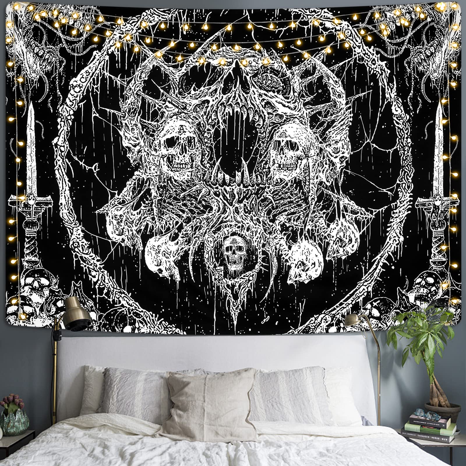 Halloween Dark-Themed Tapestry Black-and-White Skull Festival Party Decor Wall Hanging Living Room Bedroom Decor Tapestry 100X70CM