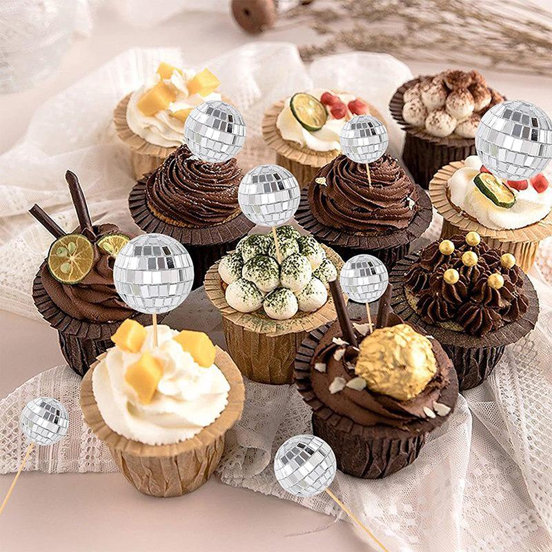 10Pcs 2/3Cm Shiny Mirror Balls Cake Topper Cupcake Toppers With Wooden Sticks Birthday Wedding Dance Party Cake Decoration