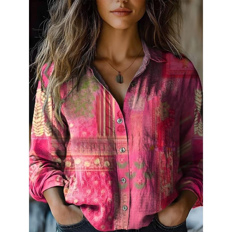Women's Spring and Summer New Retro Printing Long-sleeved Casual Shirt Imitation Cotton and Linen Shirt