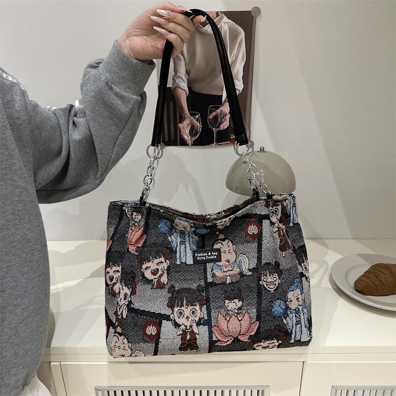 

Nezha summer new versatile tote bag women commute large capacity personalized students class niche shoulder bag чёрный