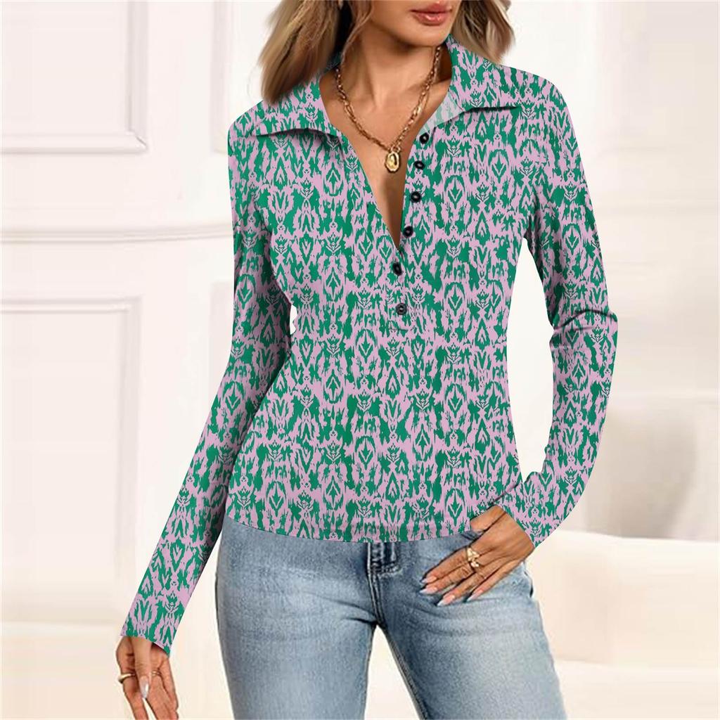 Women's Fashion Casual Printed V-Neck Long Sleeve Button-Down Top
