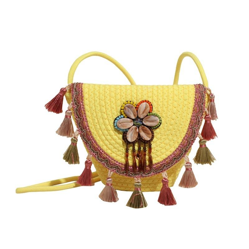 

Летняя вязаная вручную сумка, новая модная пляжная сумка через плечо с бахромой, женская сумка-ведро жёлтый