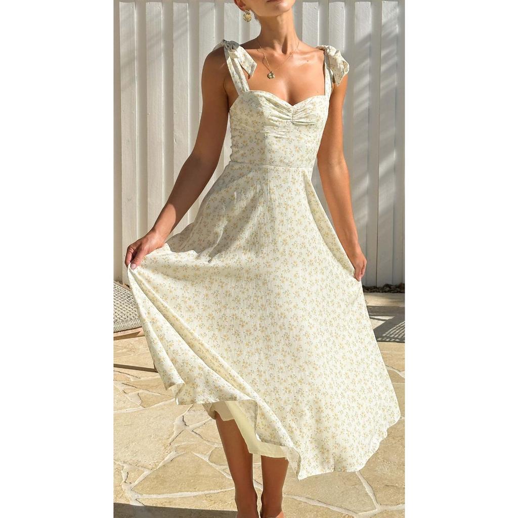 Women's Sweetheart Neck Sleeveless Midi Dress Slim Fit Mid Waist Casual Ditsy Floral Tie Strap Sundress