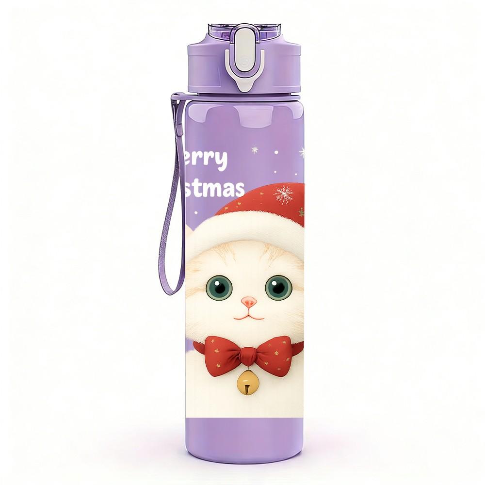 1PC Santa Cat Christmas Hat Pattern 750ml Color Plastic Sports Water Bottle Leakproof Flip Straw Lid Suitable for Sports Office Home Use